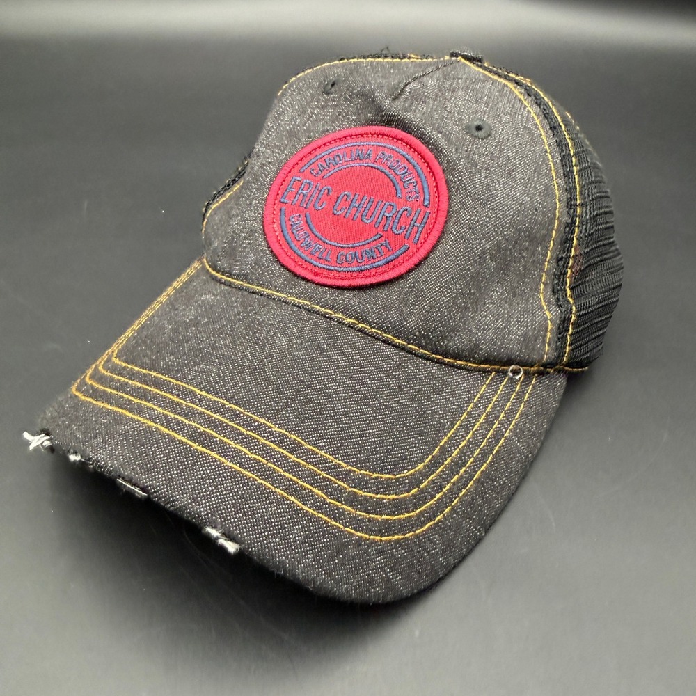 Eric Church Caldwell County Denim Trucker Hat Black Mesh Snapback Distressed Cap